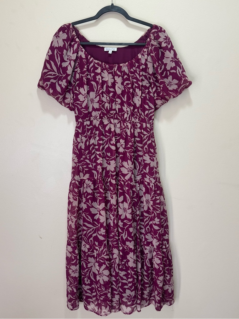 Patrons of Peace Floral Puff-Sleeve Midi Dress in Berry